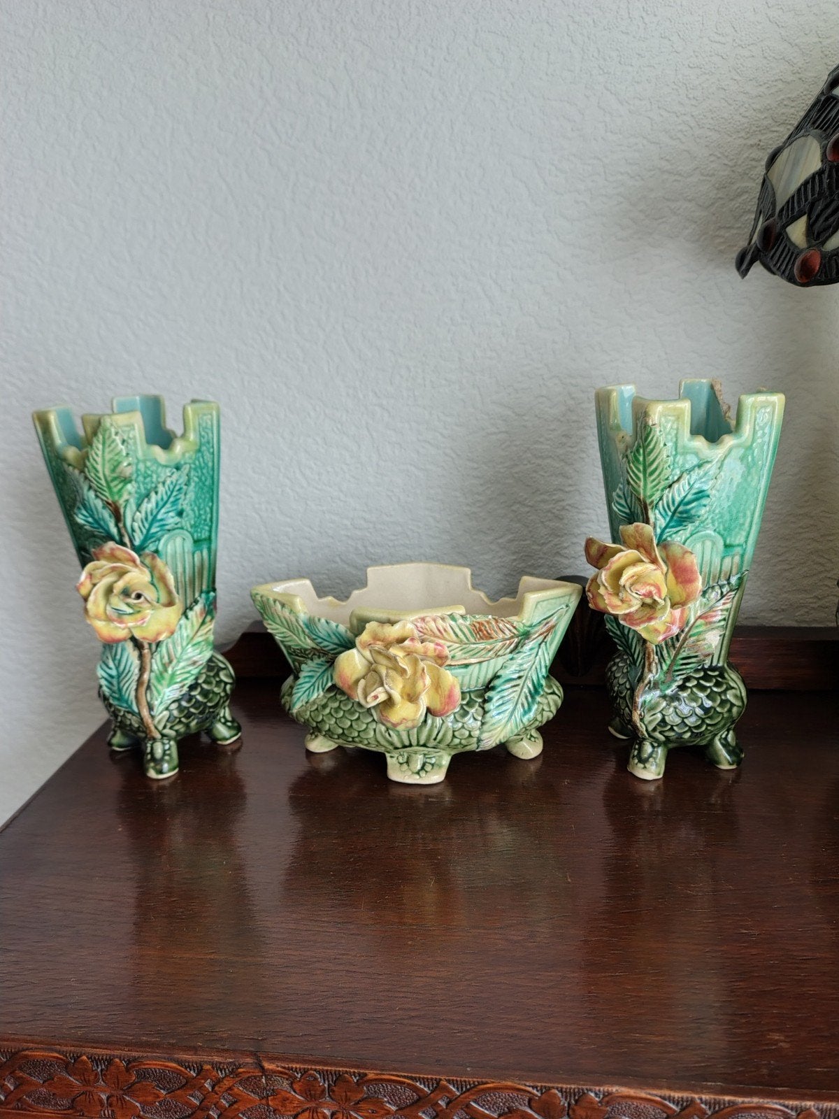Vintage Majolica bloempotten set - groen met rozen, Antiek en Kunst, Ophalen of Verzenden