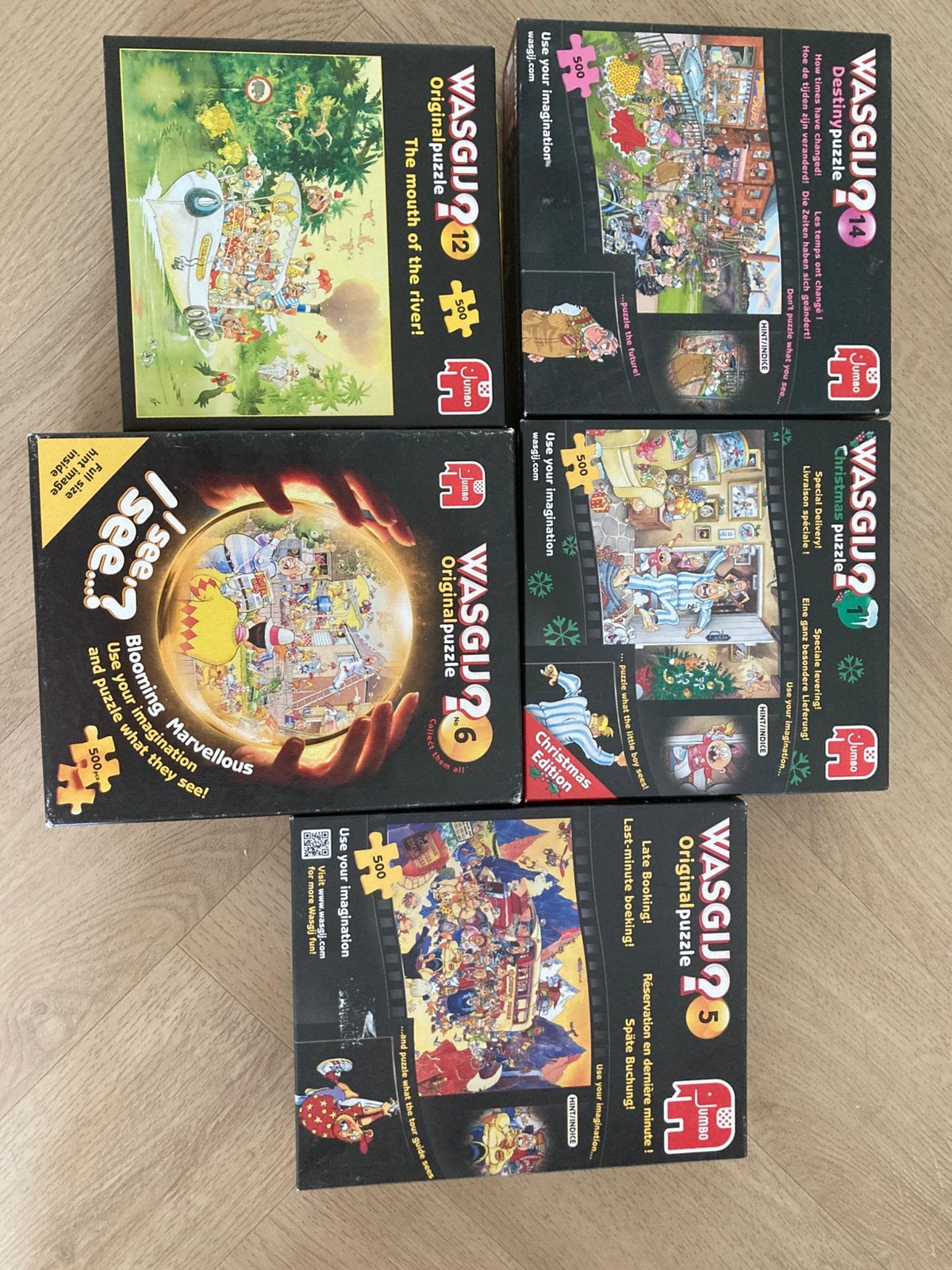 Wasgij puzzels 5x 500 stukjes, Ophalen, 500 t/m 1500 stukjes, Zo goed als nieuw