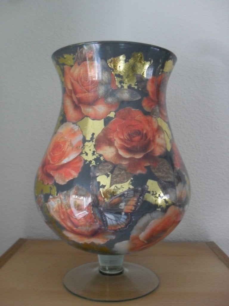 12 reverse decoupgage vaas oranje/zalm/grijs, Ophalen, Overige kleuren, 32 cm, Nieuw