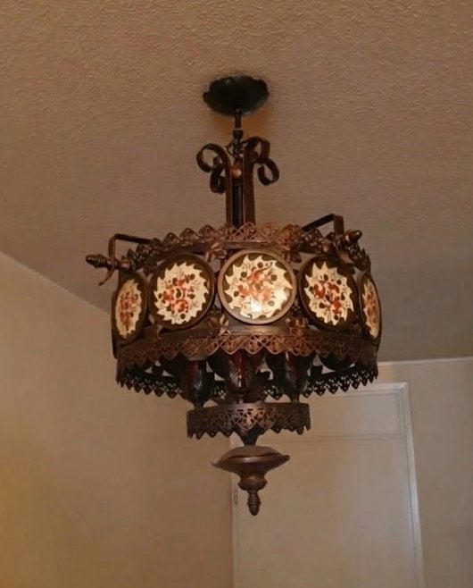 Vintage Spaanse hanglamp met handbeschilderd keramiek, Ophalen, Gebruikt, Metaal, E27 (groot)