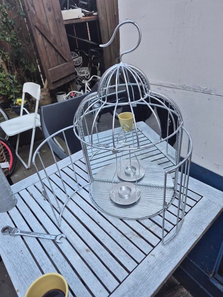 Metalen vogelkooi kandelaar - Zilverkleurig, 50 tot 75 cm, Ophalen of Verzenden, Zo goed als nieuw, Metaal