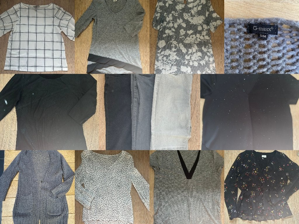 SET grijs/zwart: broeken + blouses/shirts, mt. M, Ophalen of Verzenden, Zo goed als nieuw, Maat 38/40 (M)