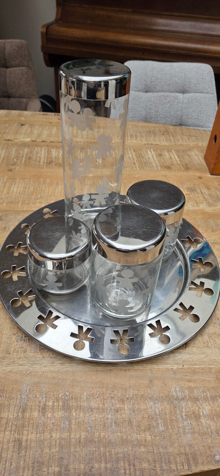Dienblad met 4 voorraadpotten Alessi, Huis en Inrichting, Ophalen of Verzenden, Gebruikt, Decoratieve rand, Metaal
