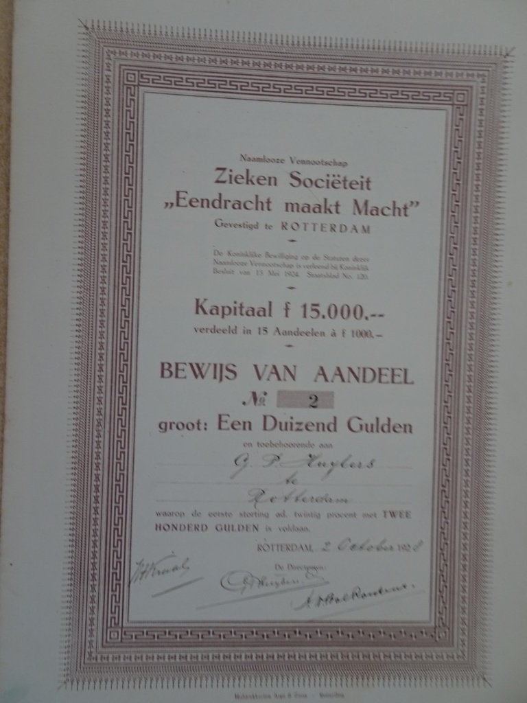 Aandeel Zieken Sociëteit "Eendracht maakt Macht" 1928, Ophalen of Verzenden, 1920 tot 1950, Aandeel
