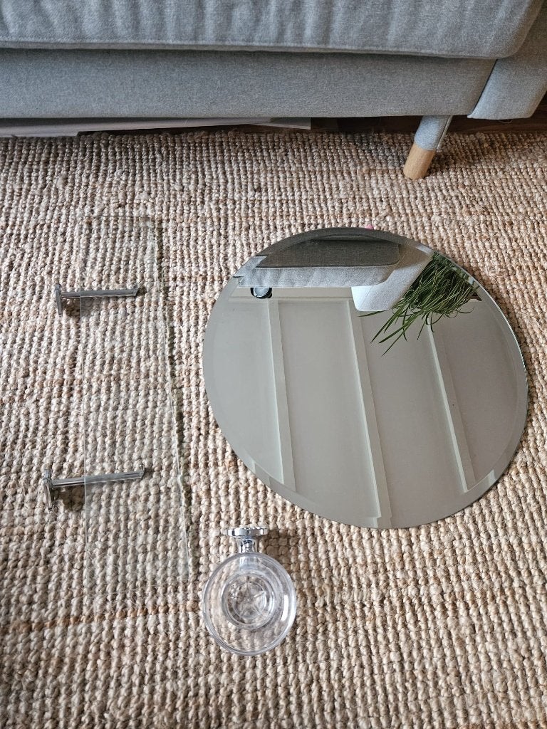 Vintage '50 Facetgeslepen spiegel, plankje & houder, Antiek en Kunst, Ophalen, Rond, 50 tot 100 cm, Minder dan 100 cm