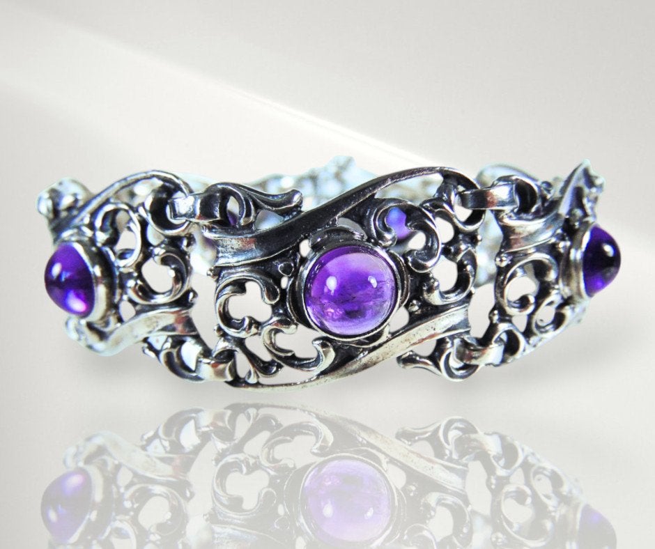 Sublieme ART NOUVEAU 800 zilveren amethist paneel armband!, Verzenden, Zo goed als nieuw, X, Met edelsteen