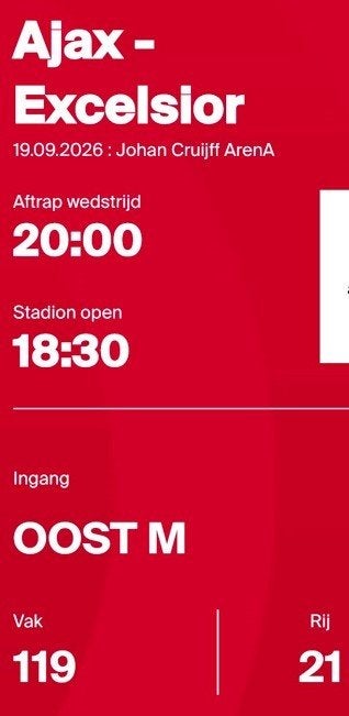 Ajax-Excelsior 1x ticket - Vak 119 - Rij 21 - Eerste ring !, Tickets en Kaartjes, Losse kaart, Eén persoon, September