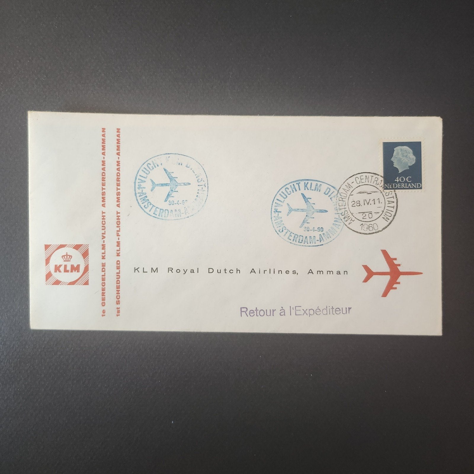 KLM Eerste Vlucht Amsterdam-Amman Envelop 1960, Ophalen of Verzenden, Envelop