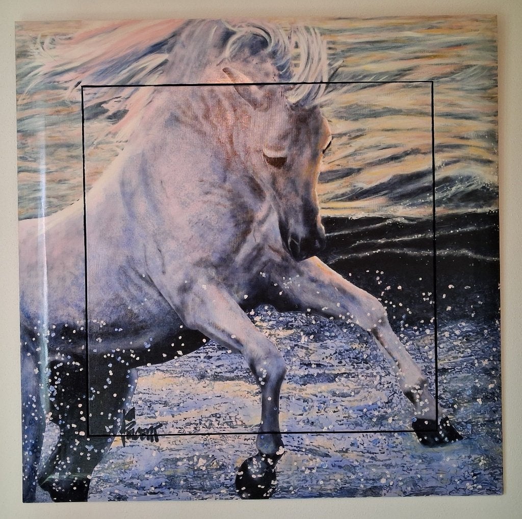 olieverf schilderij Fincent Artist PAARD IN ZEE 110x110, Antiek en Kunst, Ophalen, Hout, Dieren, Olieverf