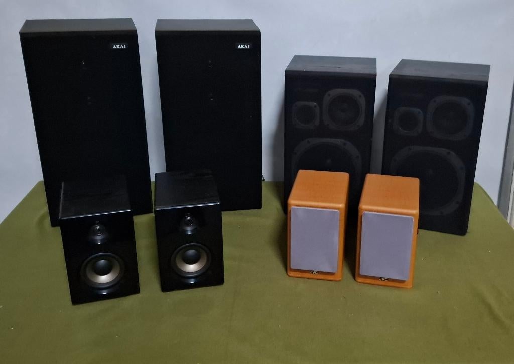Partij van 4 sets speakers (Jamo, Akai, JVC, Dual), Audio, Tv en Foto, Luidsprekers, Ophalen, Gebruikt, 60 tot 120 watt, Front, Rear of Stereo speakers