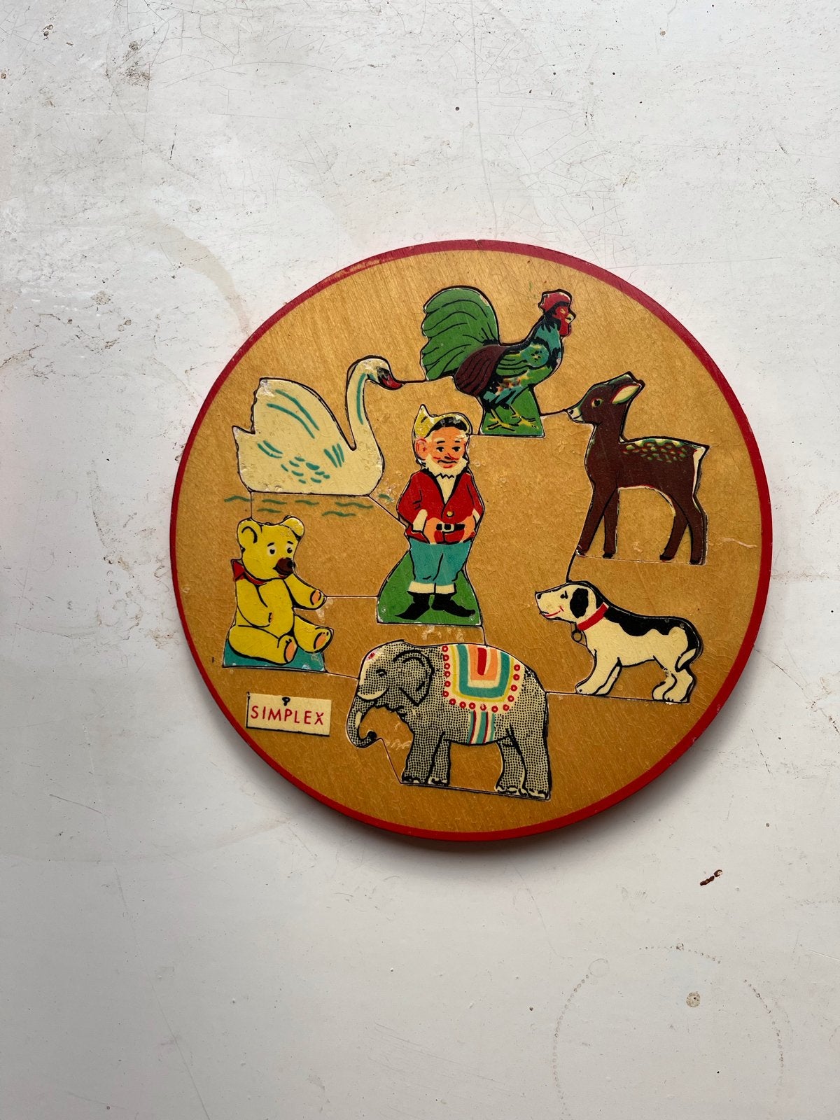 Vintage Simplex houten puzzel met dieren en kabouter, Ophalen of Verzenden, Gebruikt, Overige typen