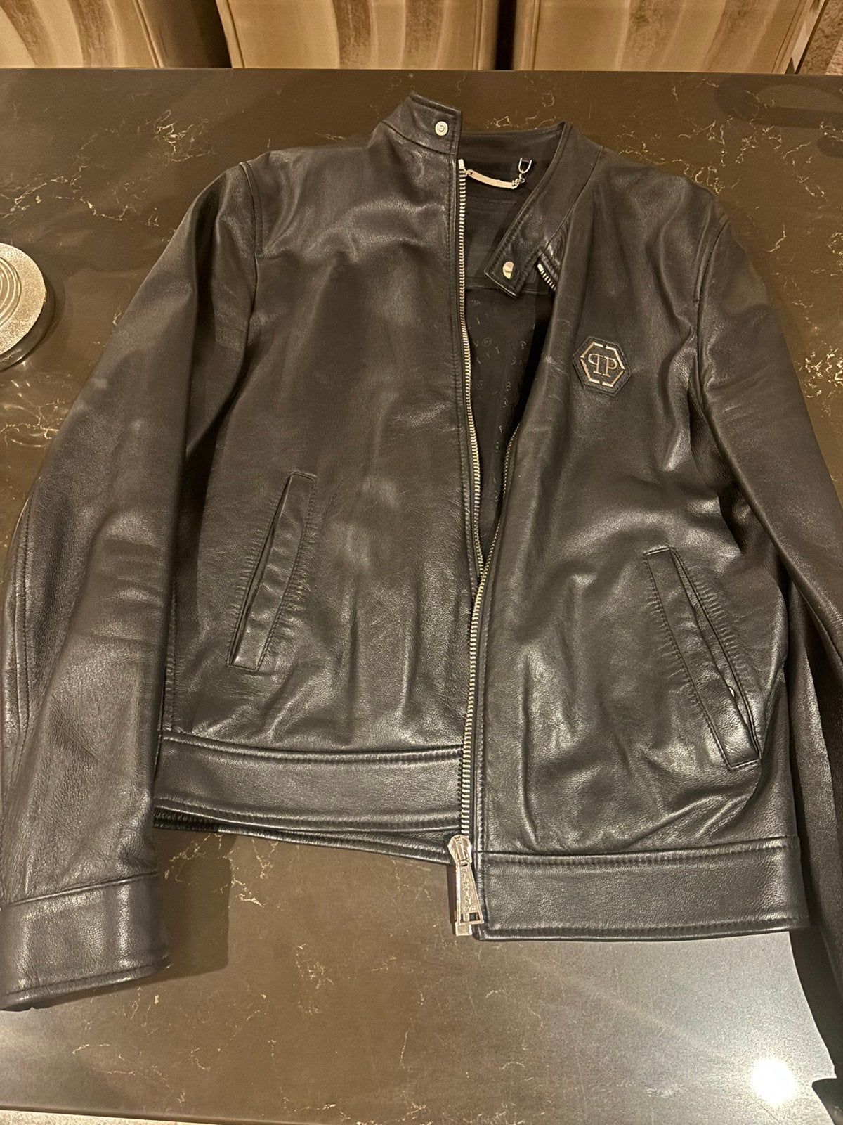 Phillip plein leren jack maat m, Kleding | Heren, Ophalen, Zo goed als nieuw, Zwart