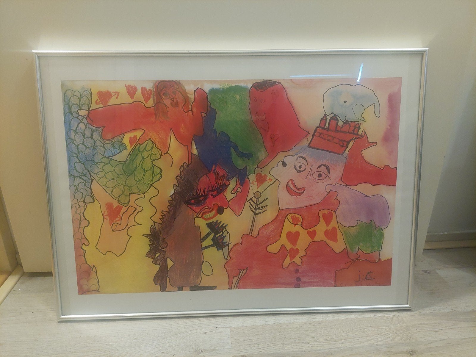 Abstracte aquarel: Fantasiewereld met figuren en olifant, Ophalen