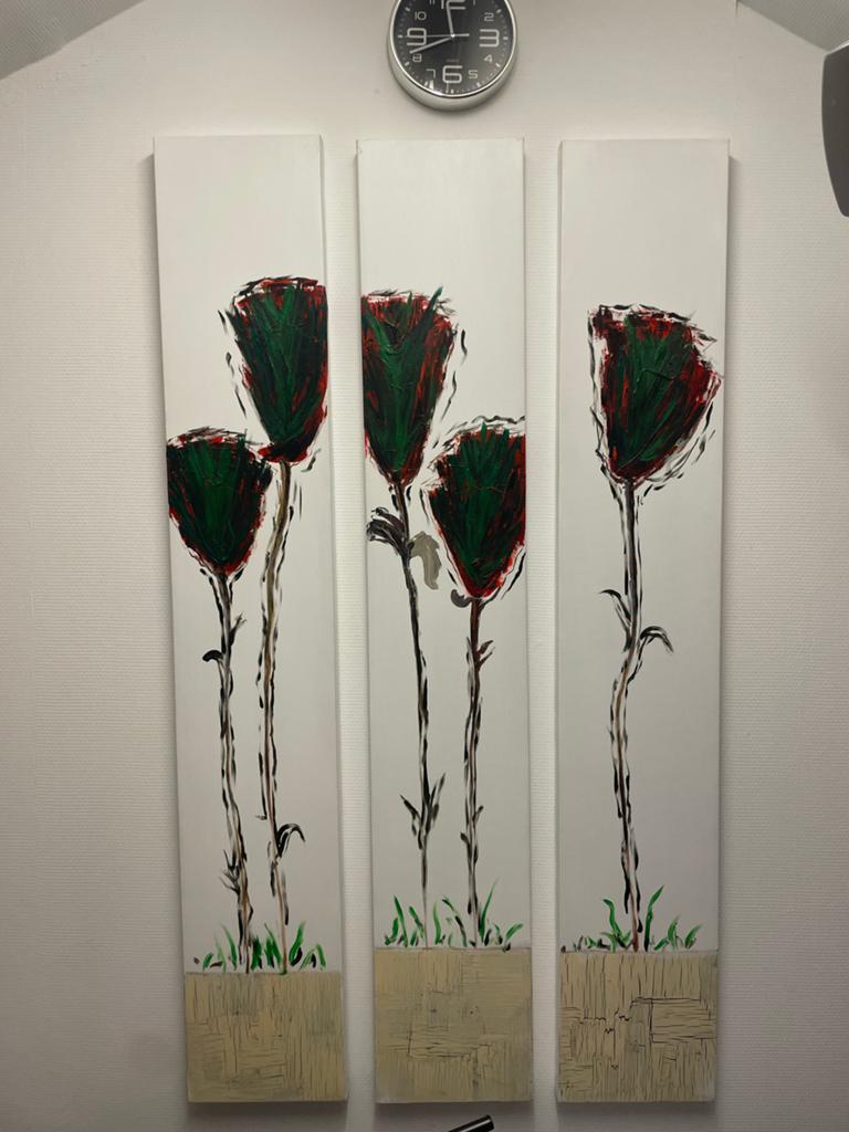Groot drieluik schilderij met abstracte bloemen, Ophalen