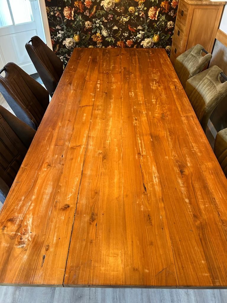 Robuuste 6 persoons Teakhouten Eettafel, Ophalen, Gebruikt, Teakhout, 200 cm of meer