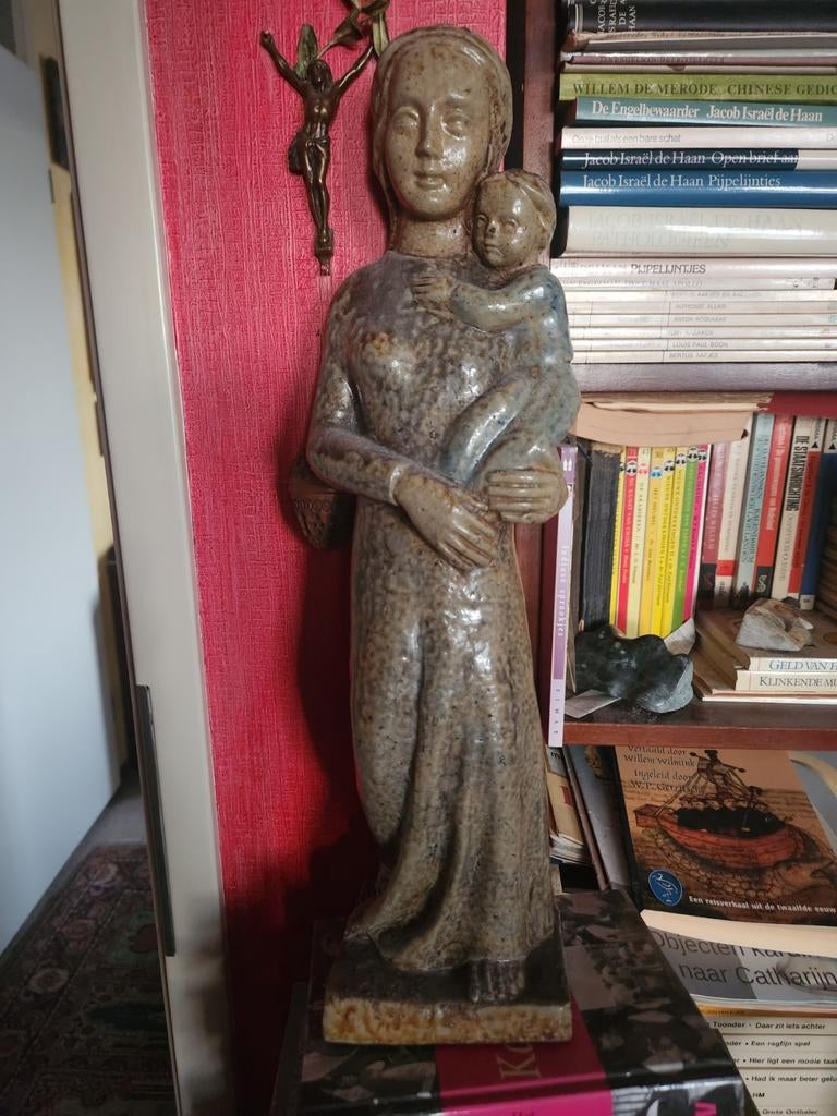 Antiek Terraco Maria met Kind beeld - St. Joris Beesel, Ophalen of Verzenden