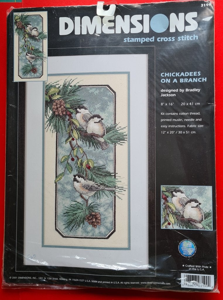 Dimensions -3 mezen op een tak – Chickadees on a branch, Ophalen, Nieuw, Handborduren, Borduurpakket