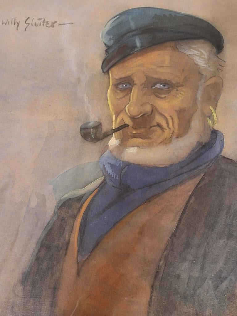 Willy Sluiter - Schilderij zeeman me pijp Herk Christie s, Antiek en Kunst, Kunst | Schilderijen | Klassiek, Ophalen of Verzenden
