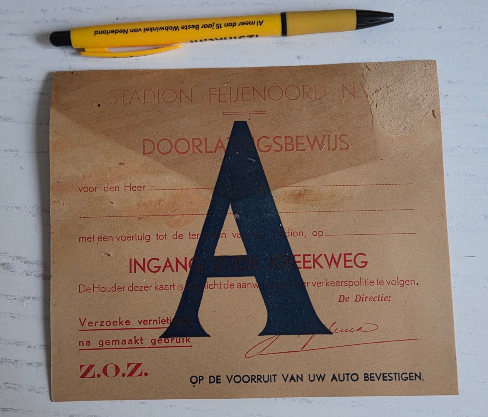 oud voetbal FEIJENOORD STADION DOORLATINGSBEWIJS 1938, Ophalen of Verzenden