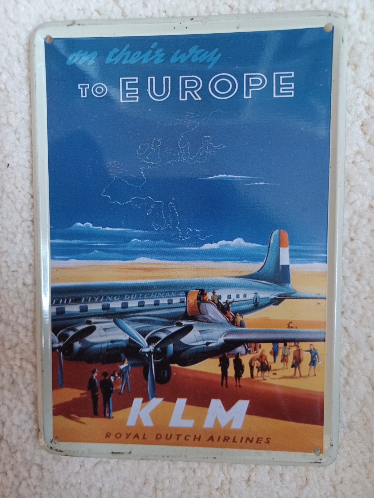Vintage KLM Emaille Reclamebord "On their way to Europe", Ophalen of Verzenden