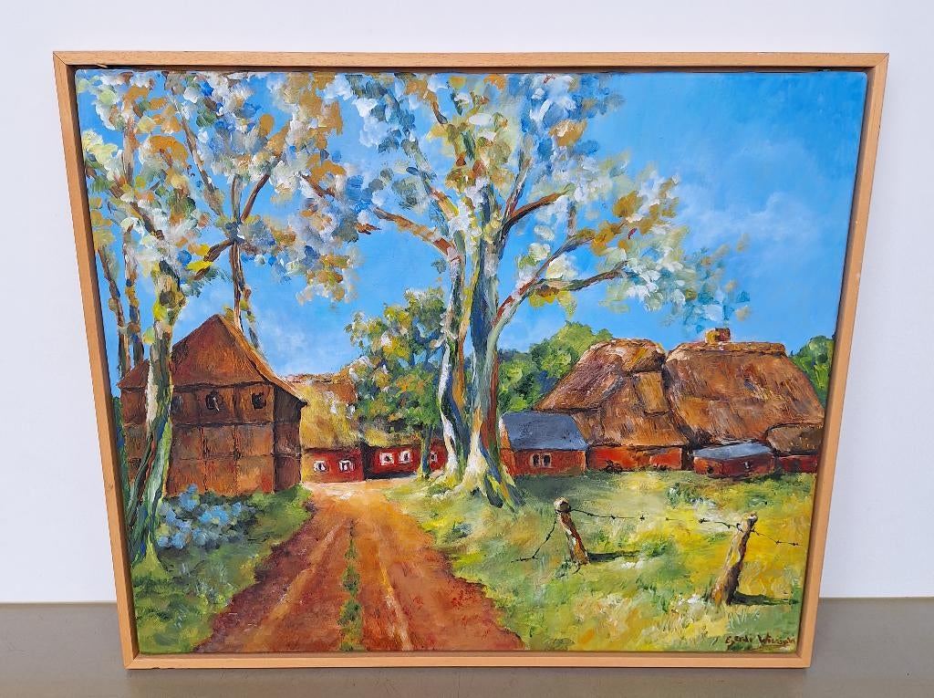 schilderij Wissink erf Drentse boerderij in baklijst 53x63cm, Antiek en Kunst, Kunst | Schilderijen | Klassiek, Ophalen of Verzenden