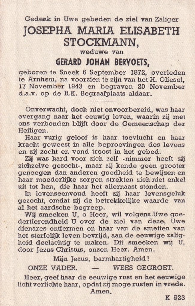 Stockmann  Josepha 1872 Sneek 1943 Arnhem, Verzamelen, Ophalen of Verzenden, Bidprentje