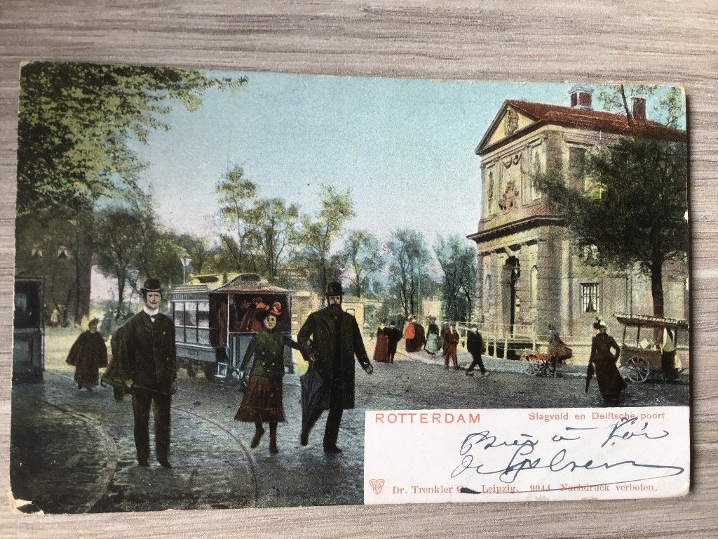 Antieke briefkaart Rotterdam Slagveld en Delftsche poort1903, Ophalen of Verzenden, Voor 1920, Gelopen, Zuid-Holland