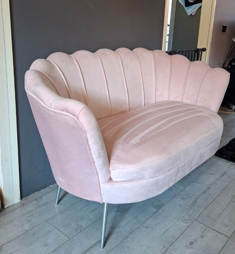 Roze schelp bankje - Velvet 2-zitsbank, Huis en Inrichting, Ophalen, Modern, Elegant, Art Deco, 150 tot 200 cm, Tweepersoons