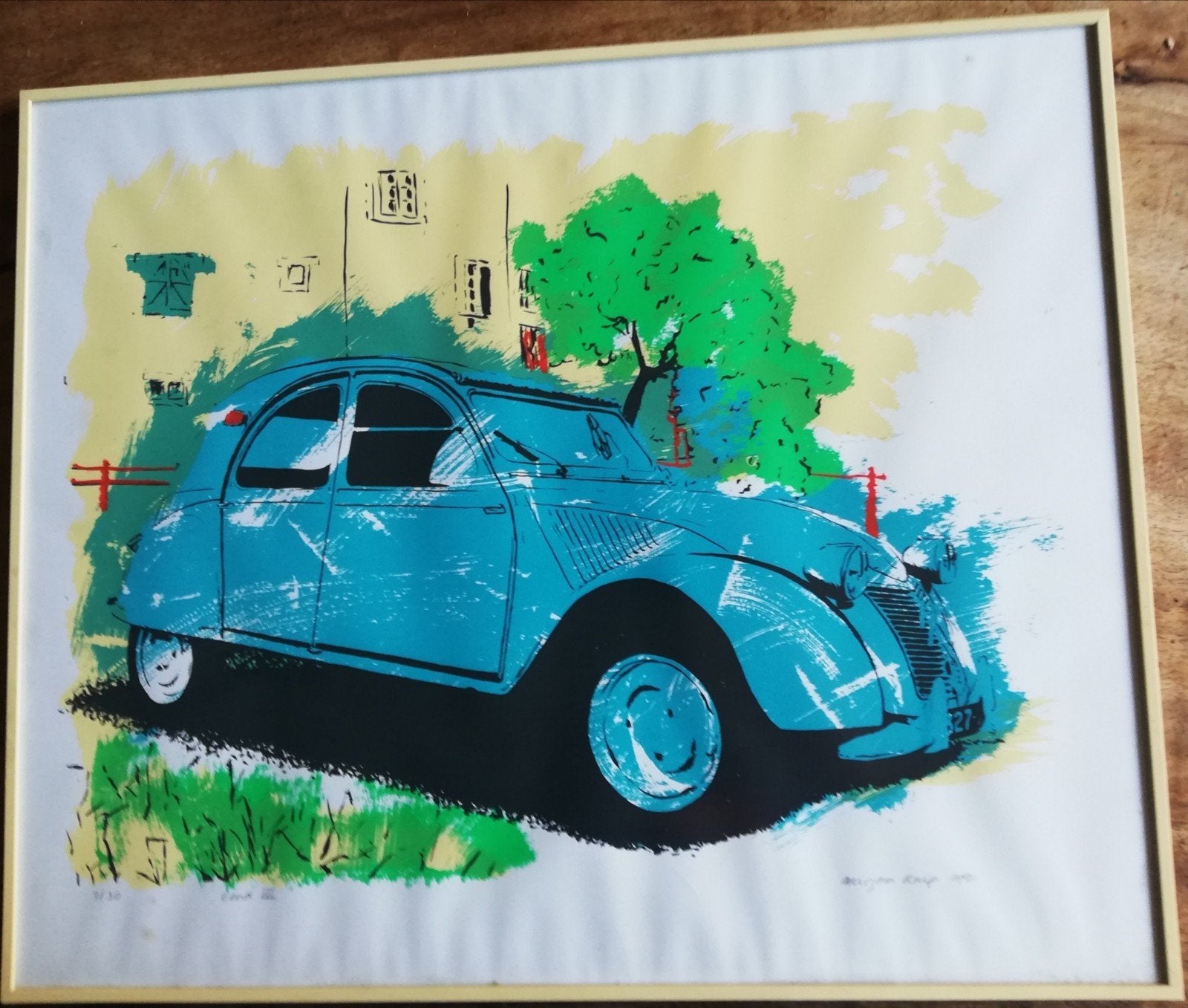 Mirjan Knip. 2 CV. '91. Sign & genummerd. 7/30. 60/50 cm., Antiek en Kunst, Kunst | Litho's en Zeefdrukken, Met glas, Overige onderwerpen