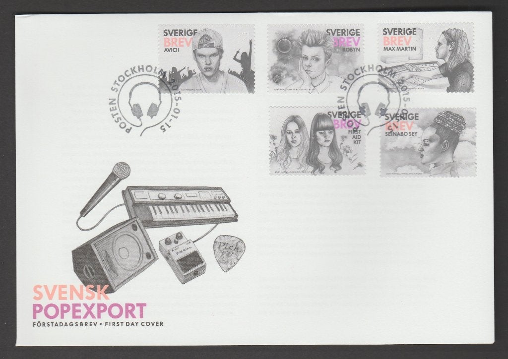Zweden - FDC - Michelnr 3030-3034 - export muziek, popmuziek, Postzegels en Munten, Postzegels | Europa | Scandinavië, Verzenden