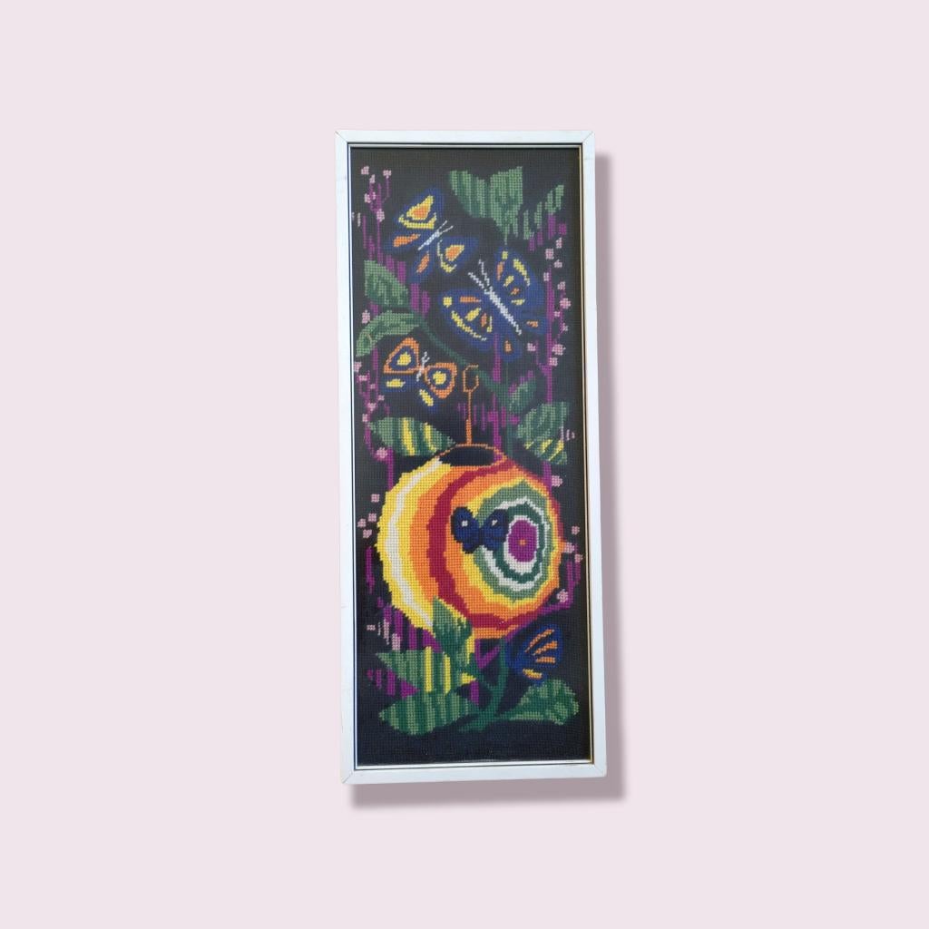 Borduurwerk vlinders, Huis en Inrichting, Woonaccessoires | Wanddecoraties, Gebruikt, Overige typen, Vintage, Meerkleurig, Natuurlijk materiaal