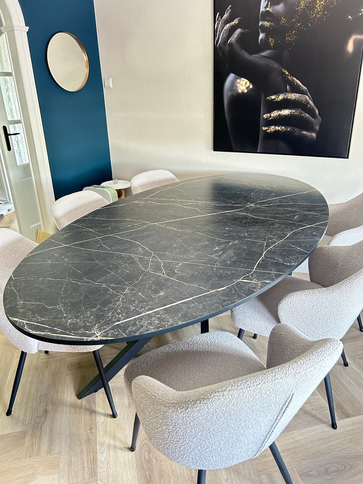 Ovale eettafel marmerlook 220x120 cm - Zo goed als nieuw, Ophalen, Overige materialen, 100 tot 150 cm, 200 cm of meer