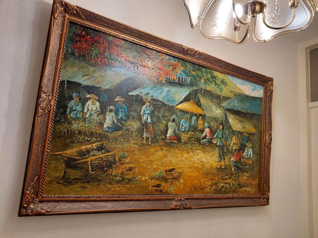 Groot Schilderij Indonesische Markt Scène, Ophalen of Verzenden