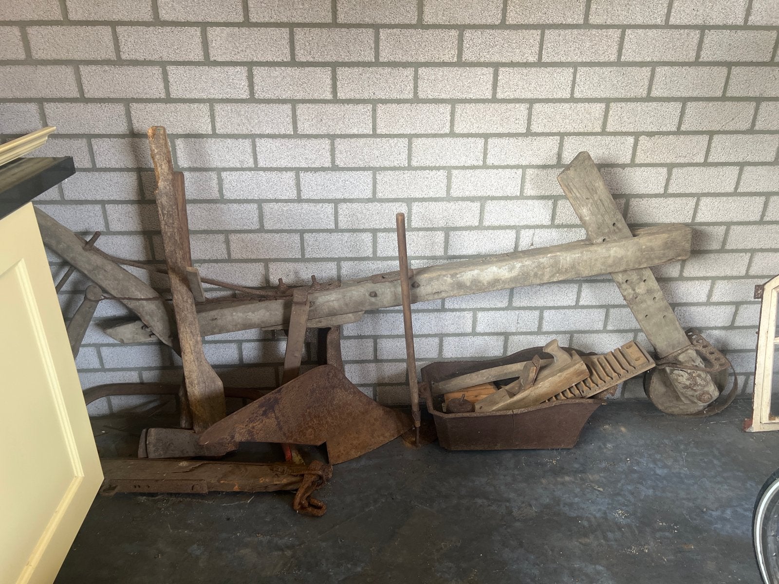 Antieke houten ploeg en landbouwwerktuigen, Antiek en Kunst, Antiek | Gereedschap en Instrumenten, Ophalen