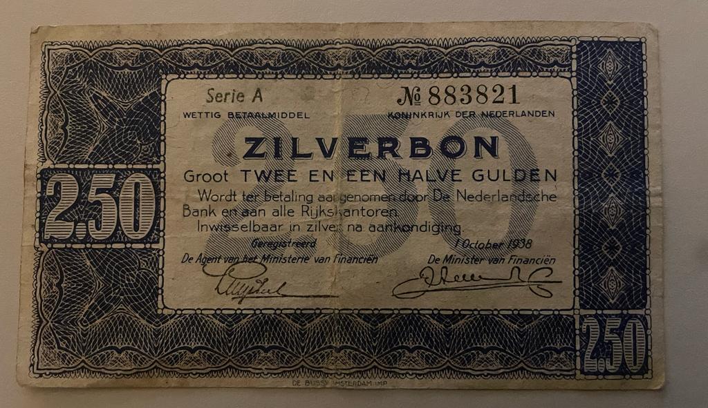 Zilverbon 2½ gulden uit 1938, Postzegels en Munten, Bankbiljetten | Nederland, Los biljet, 2½ gulden, Ophalen of Verzenden