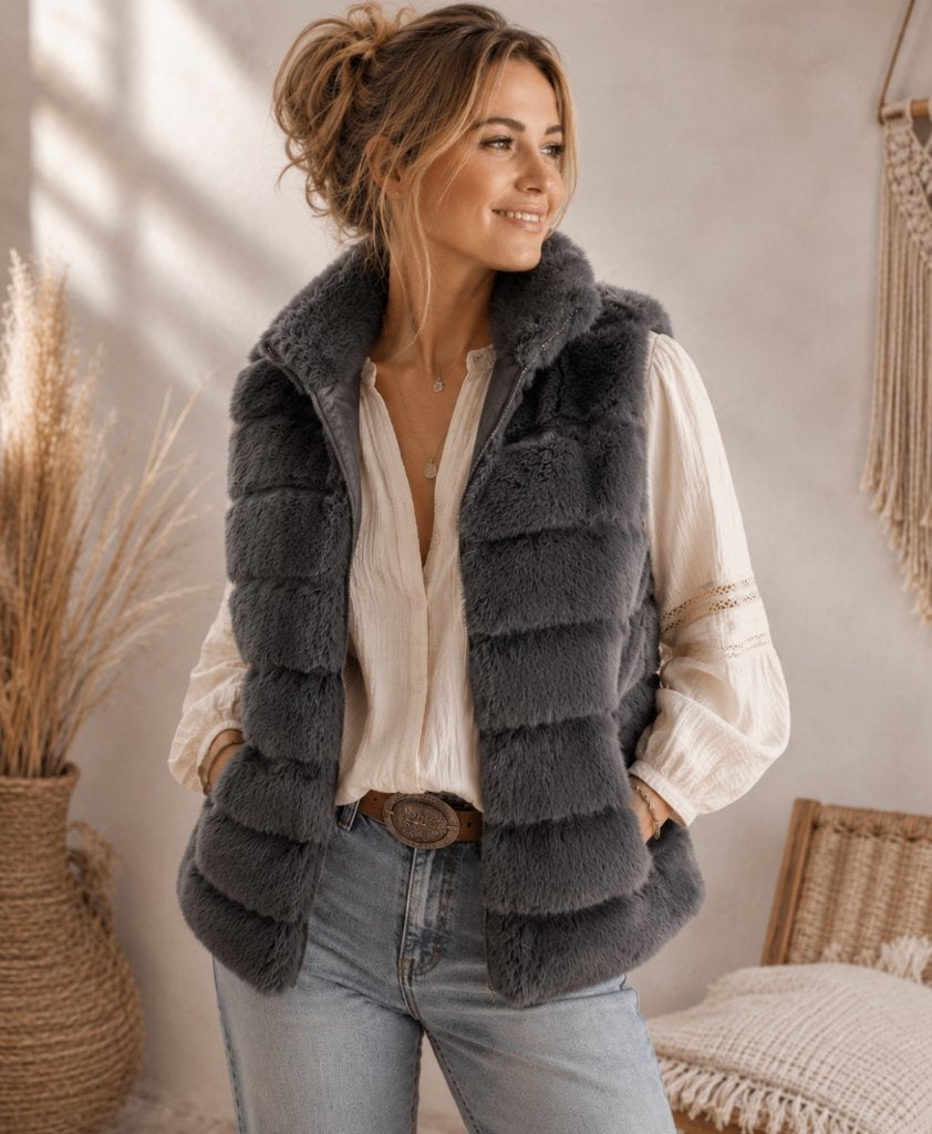 Fluffy Body warmer Antraciet grijs one size 36/42, Kleding | Dames, Ophalen of Verzenden, Nieuw, Maat 38/40 (M), Grijs