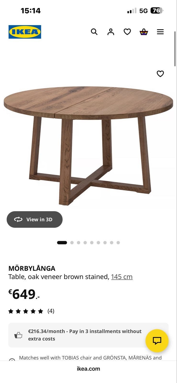 IKEA MÖRBYLÅNGA eettafel, eikenfineer, 145 cm, Huis en Inrichting, Ophalen, Gebruikt, 100 tot 150 cm, Vier personen