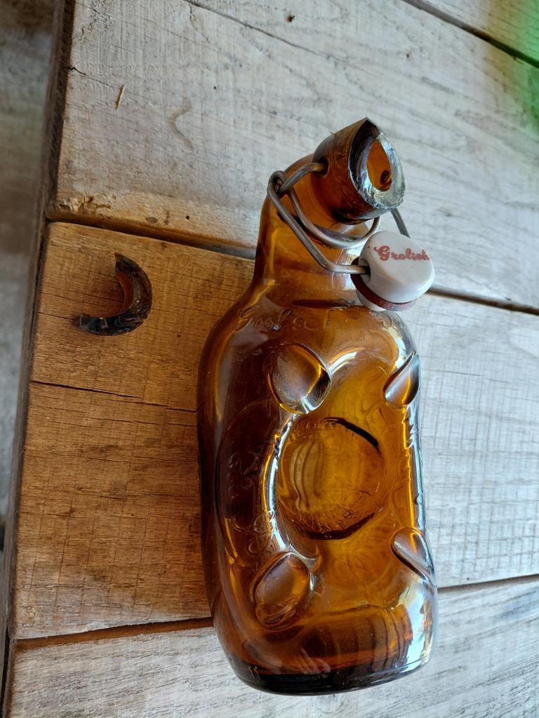 Vintage Grolsch beugelfles - bruin glas asbak, Verzamelen, Biermerken, Gebruikt, Ophalen of Verzenden