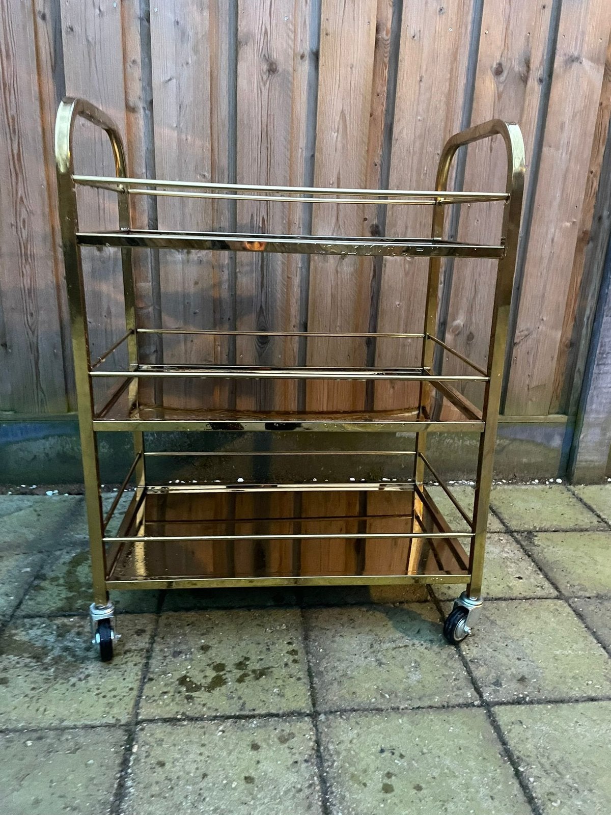 Vintage Messing Bar Cart – Goud met Spiegelglas (3 Lagen), Ophalen