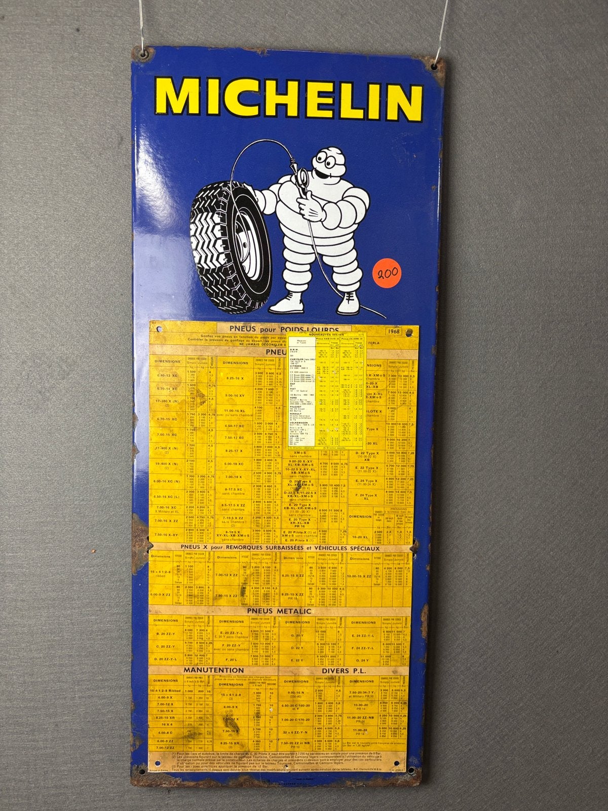 Michelin emaille banden spannings tabel 1968, Verzamelen, Merken en Reclamevoorwerpen, Reclamebord, Gebruikt, ., Ophalen of Verzenden