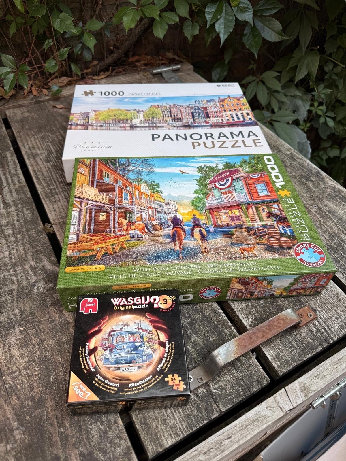 3 Legpuzzels: Panorama, Wild West & Wasgij, Ophalen of Verzenden, 500 t/m 1500 stukjes, Gebruikt, Legpuzzel