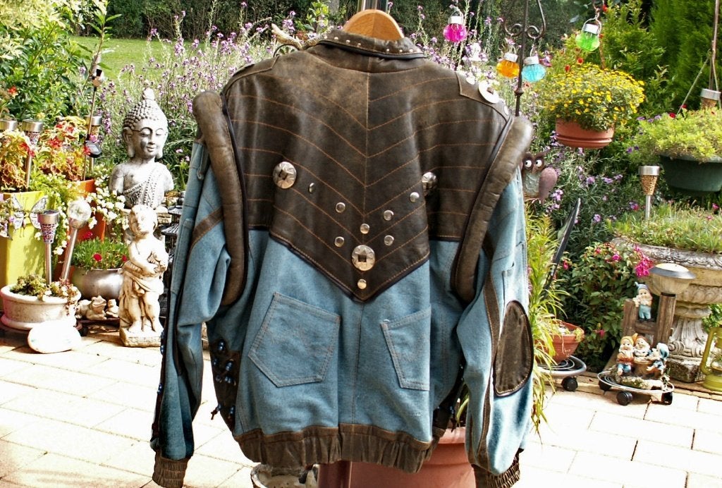 jeans jas met leer en buckles, Ophalen, Zo goed als nieuw, Maat 46/48 (XL) of groter, Blauw
