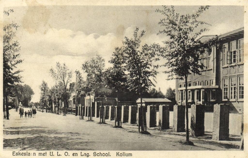 Eskeslaan met U.L.O. en Lag. School. Kollum - 1934 gelopen, Verzamelen, Verzenden, 1920 tot 1940, Gelopen, Noord-Brabant