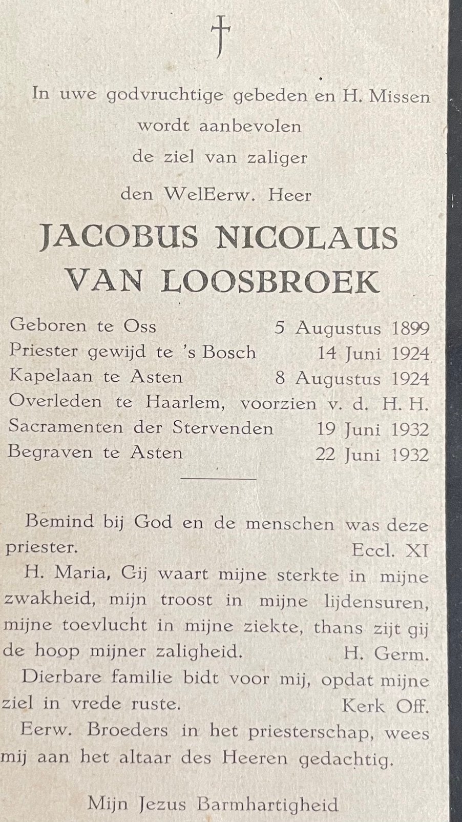 Jacobus Nicolaus van Loosbroek Oss 1899, Verzamelen, Ophalen of Verzenden