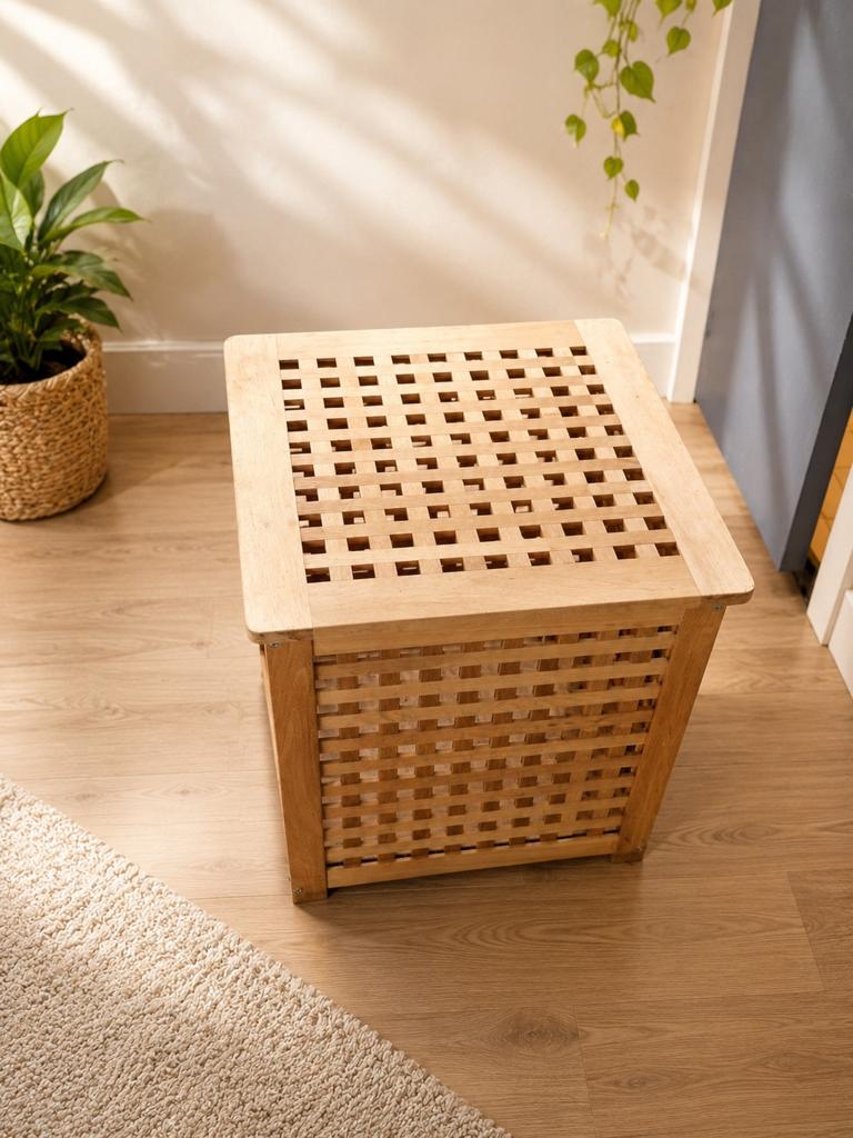 Houten vierkante bijzettafel/opbergkist, Minder dan 45 cm, Minder dan 55 cm, Gebruikt, Vierkant