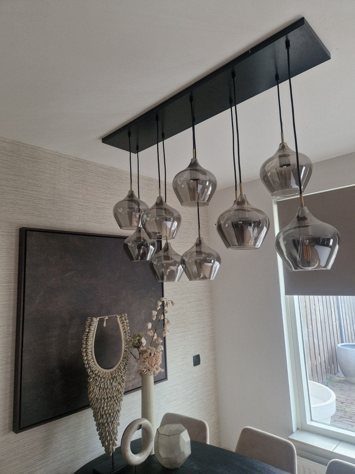 HKliving hanglamp met 10 glazen kappen, Huis en Inrichting, Lampen | Hanglampen, Ophalen, E27 (groot), Zo goed als nieuw, Glas