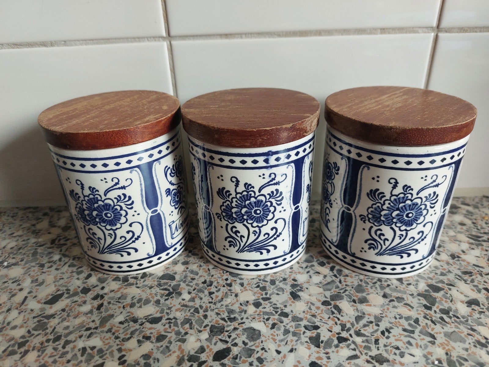 KRUIDENPOTJE BLAUW WIT 4 STUKS GEMERKT, Antiek en Kunst, Antiek | Keukenbenodigdheden, Ophalen of Verzenden