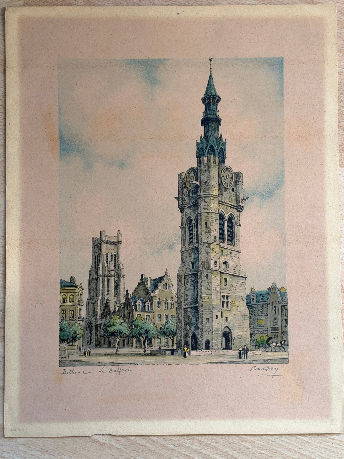 Vintage ingekleurde litho Béthune – Le Beffroi – Barday, Stadsgezicht, Ophalen of Verzenden, Gesigneerd, Lithografie