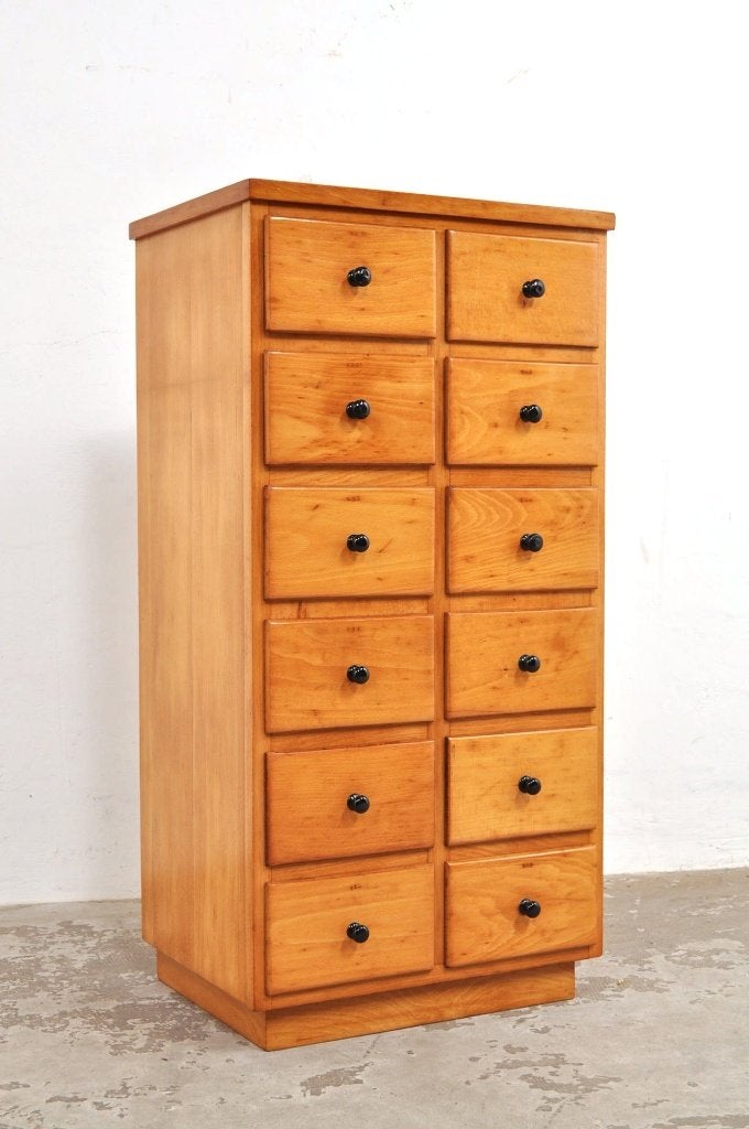 Vintage beukenhouten ladekast schoolkast kastje jaren 50, Minder dan 50 cm, Gebruikt, 5 laden of meer, Ophalen of Verzenden