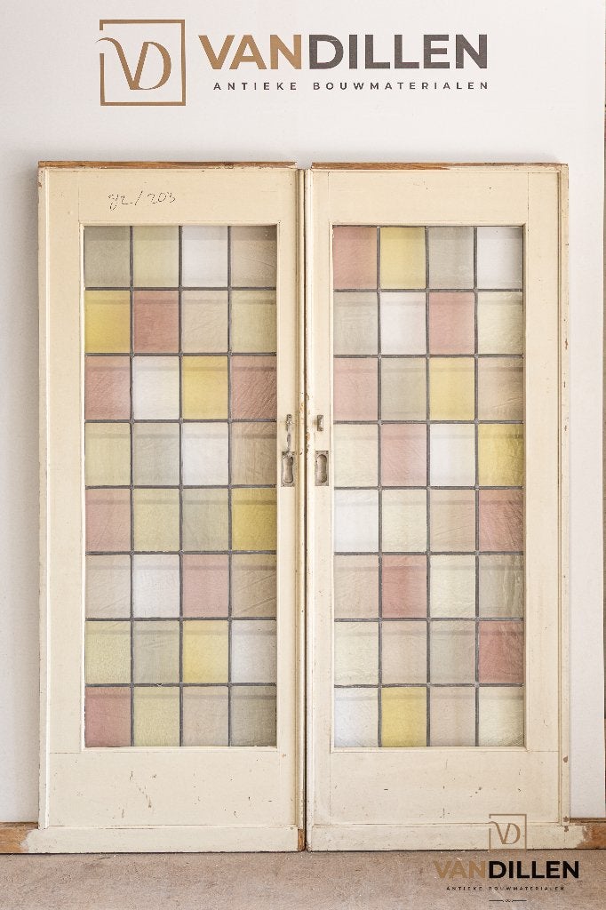 Set ensuite schuifdeuren met kleur glas in lood, Gebruikt, 120 cm of meer, Binnendeur, Ophalen of Verzenden